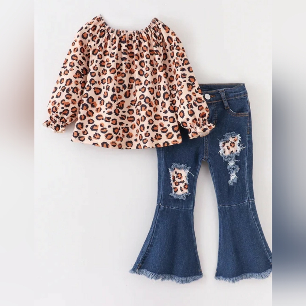 Chic Kids Leopard Top and Flare Blue Jeans